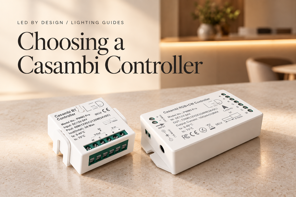 PWM2 Pro and PWM5 Pro Casambi lighting controllers on an illuminated architectural background