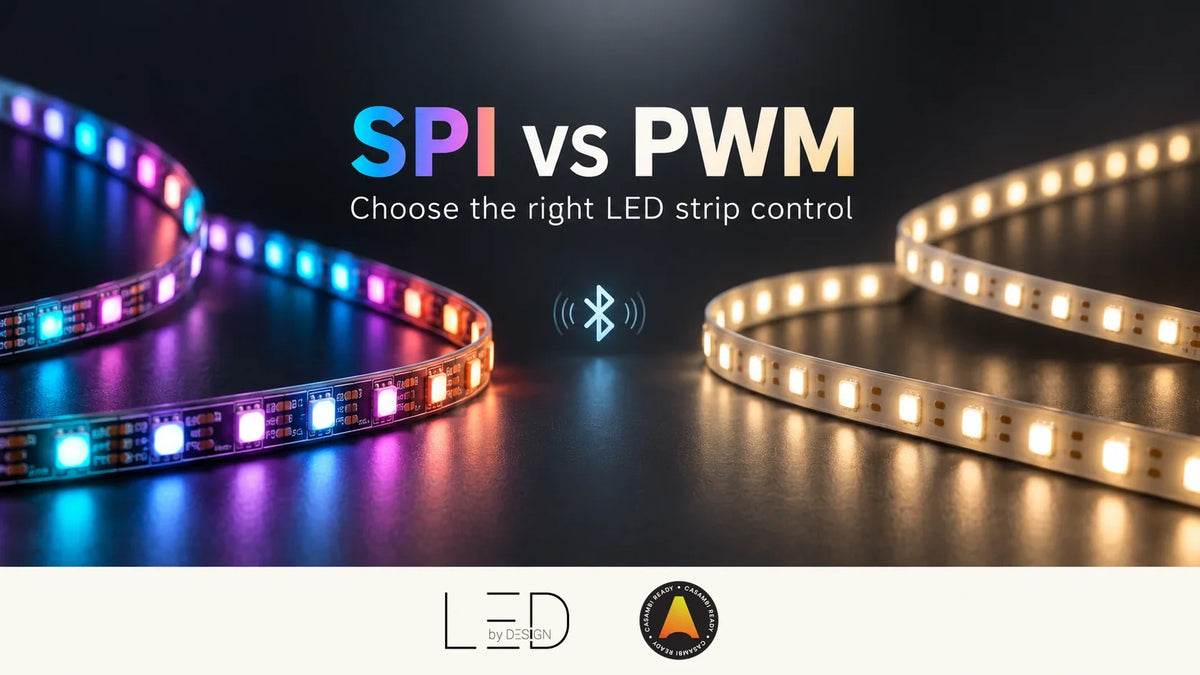 Illustration comparing multicolour addressable LED strips with uniform warm-white strip lighting, with Bluetooth and LED BY DESIGN branding