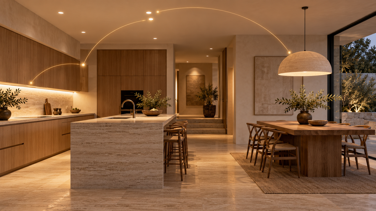 Conceptual kitchen and dining interior with layered lighting and an illustrative wireless-control overlay