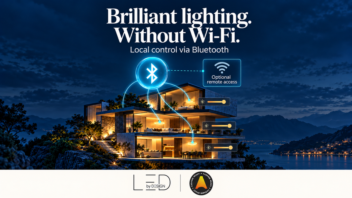 Casambi Bluetooth lighting control with centered headline, LED BY DESIGN and Casambi Ready logos