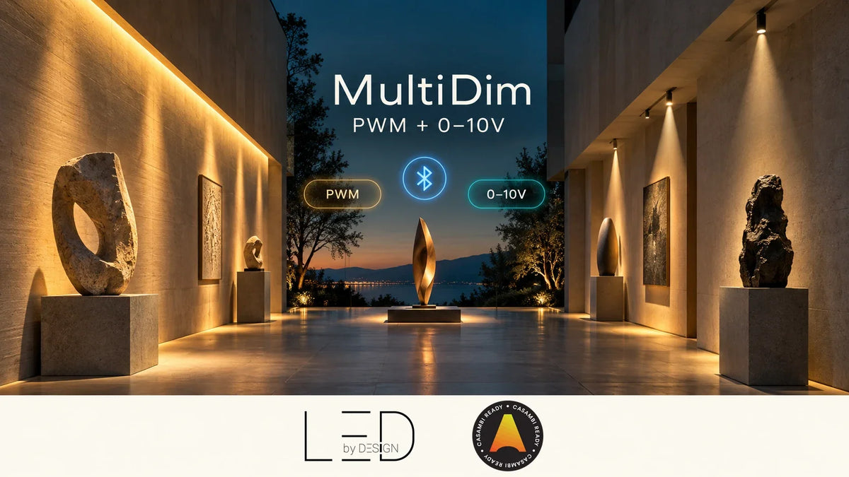 Concept gallery lighting with PWM and 0–10V control cues, Bluetooth symbol, LED BY DESIGN logo and Casambi Ready badge